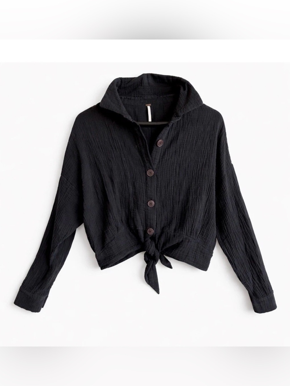 Free People Women's Boho Oversized Cropped Tie Waist Textured Top Black Medium